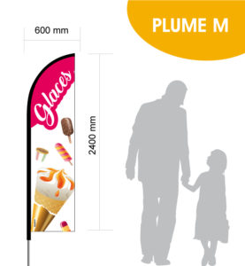 Oriflamme plume d'une taille de 60 x 240 cm. Illustrations de glaces.