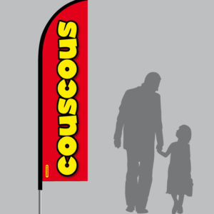 Fond rouge. Texte jaune avec contour noir. Couscous