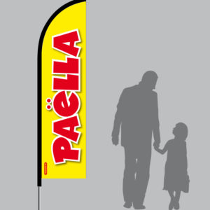 Fond jaune. Texte rouge avec contour blanc. Paëlla